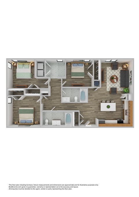A floor plan of a house with a kitchen, living room, and two bedrooms.